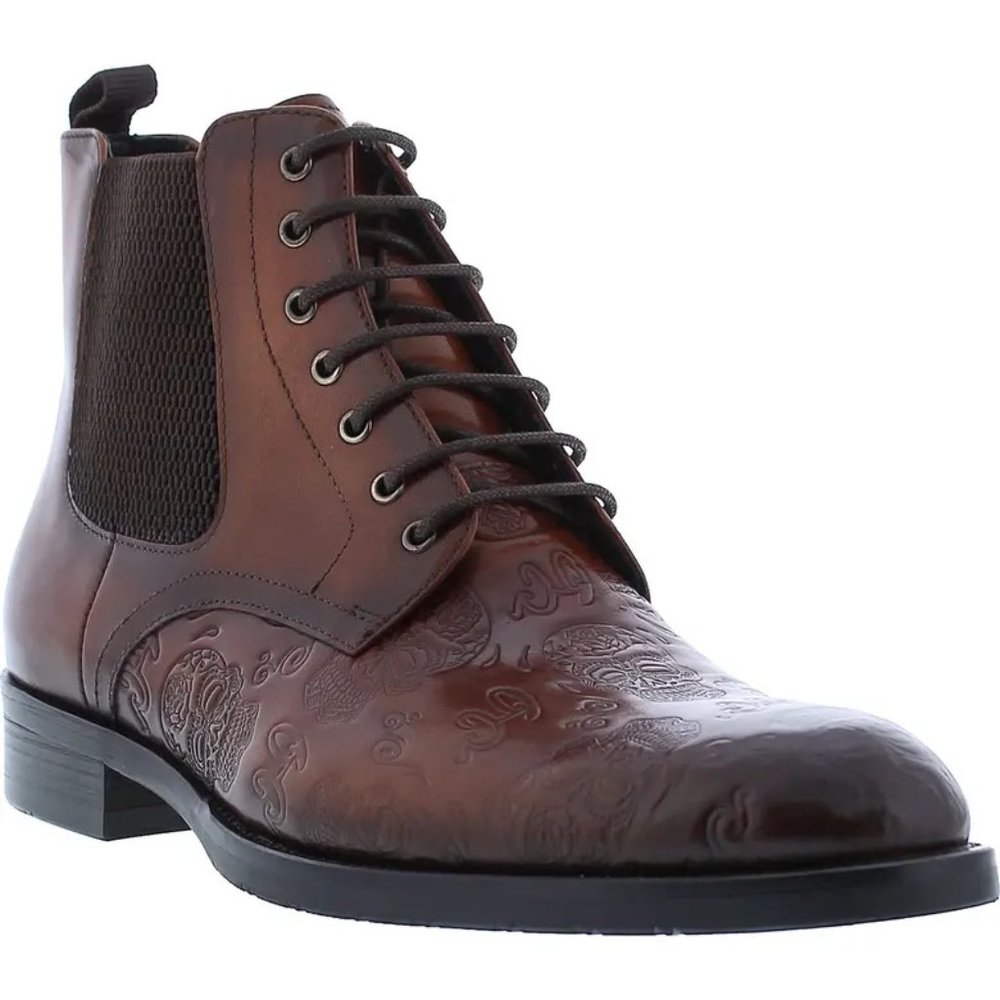 Robert Graham Hyperspace Skull Embossed Lace-Up Leather Boot in Cognac